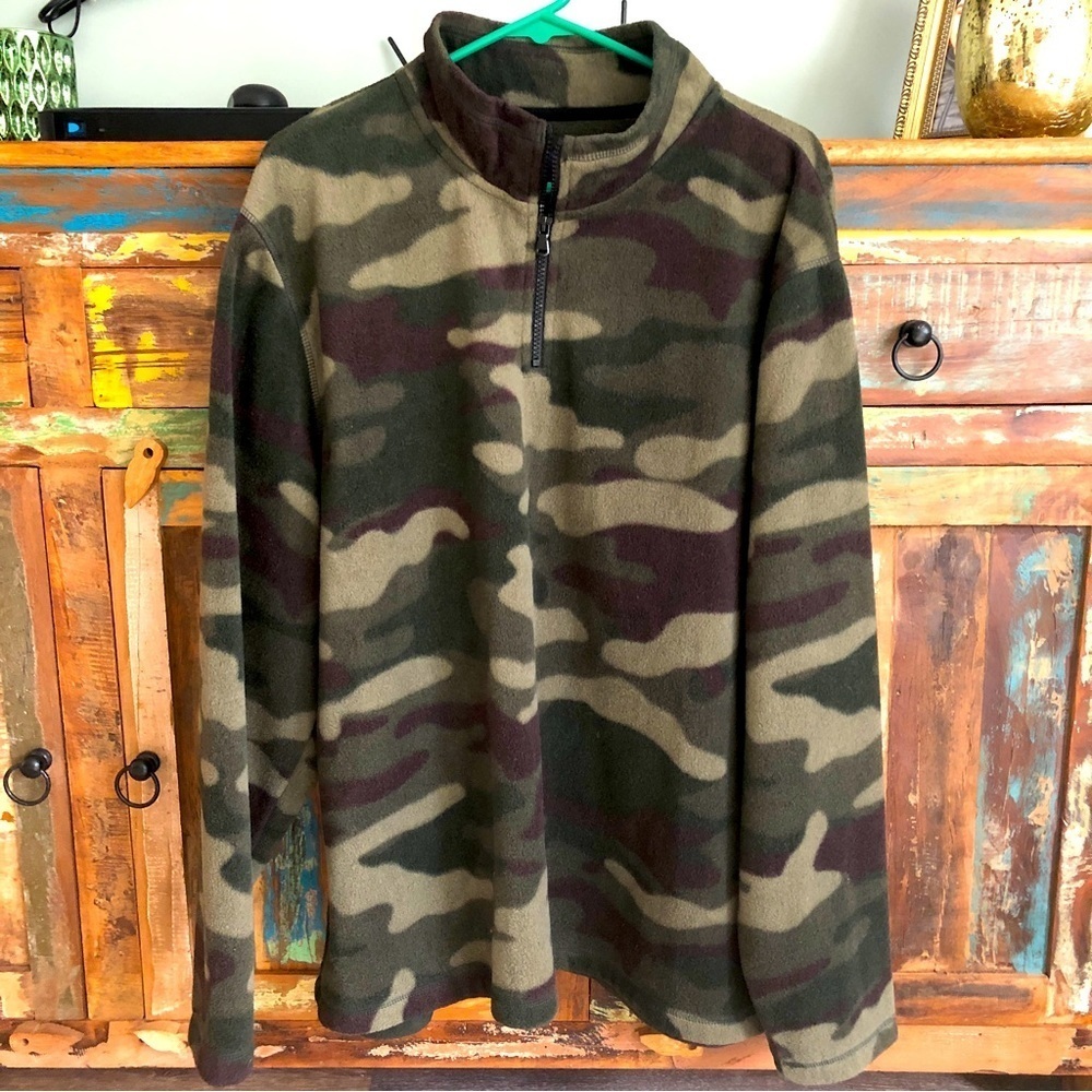 Basic Editions Men’s Green Tan Camo Fleece 1/4 Zip Pullover Outdoors Cozy Sz XXL